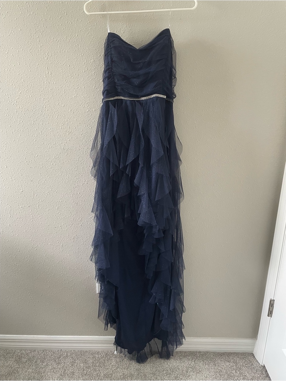 Midnight Navy High-Low Strapless Ruffle Evening Dress